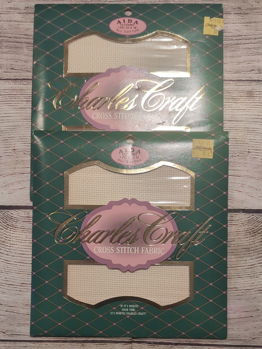 Charles Craft Lot Of Two 14 Count 12x18 All Cotton Natural Cross Stitch Fabric